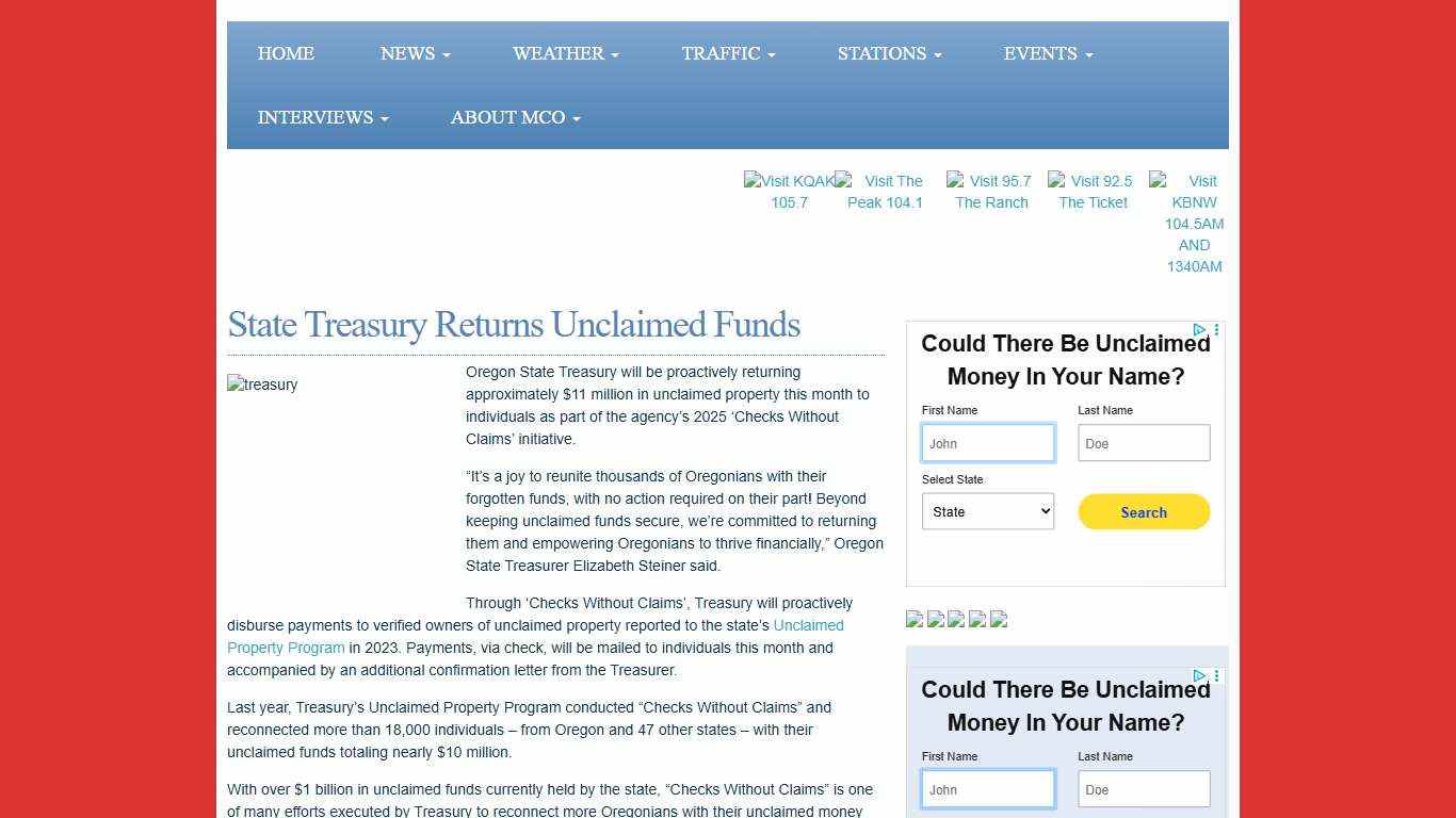 State Treasury Returns Unclaimed Funds | MyCentralOregon.com - Horizon Broadcasting Group, LLC