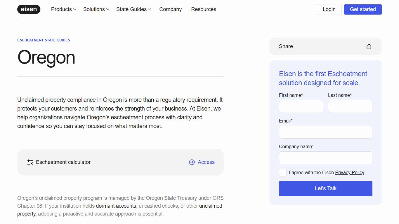 Oregon Escheatment Guide | Eisen