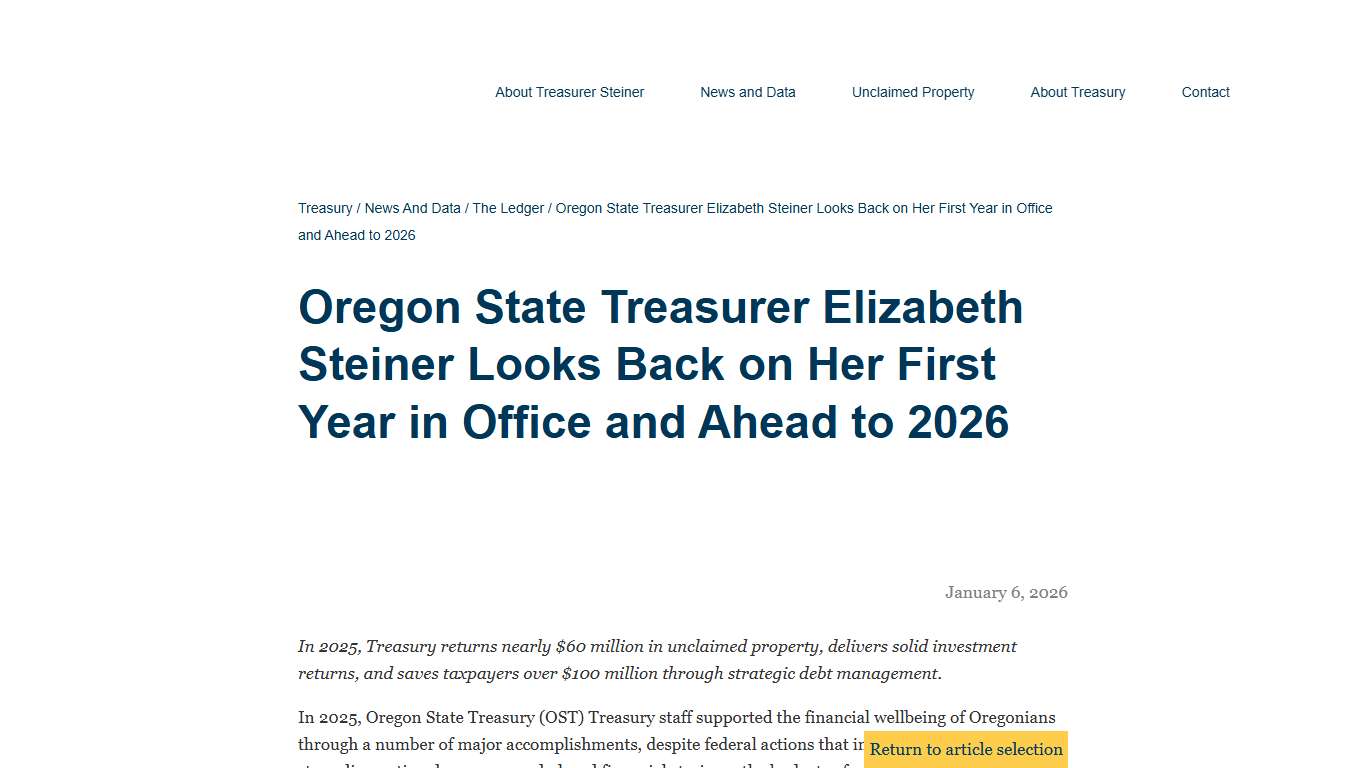 Treasury : Oregon State Treasurer Elizabeth Steiner Looks Back on Her First Year in Office and Ahead to 2026 : The Ledger : State of Oregon